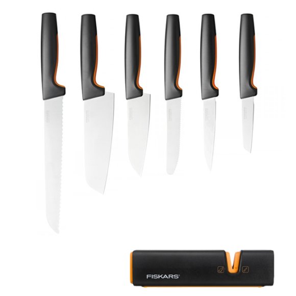 FISKARS FUNCTIONAL FORM Komplet 6 noży luzem + ostrzałka Edge / stal nierdzewna