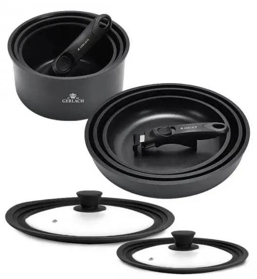 GERLACH SMART 994 Komplet 3 garnków 16/18/20 cm z odpinaną rączką + patelnie Smart 20, 24, 28 cm +pokrywki silikonowe (mała+duża)
