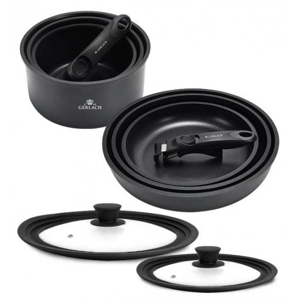 GERLACH SMART 994 Komplet 3 garnków 16/18/20 cm z odpinaną rączką + patelnie Smart 20, 24, 28 cm +pokrywki silikonowe (mała+duża)