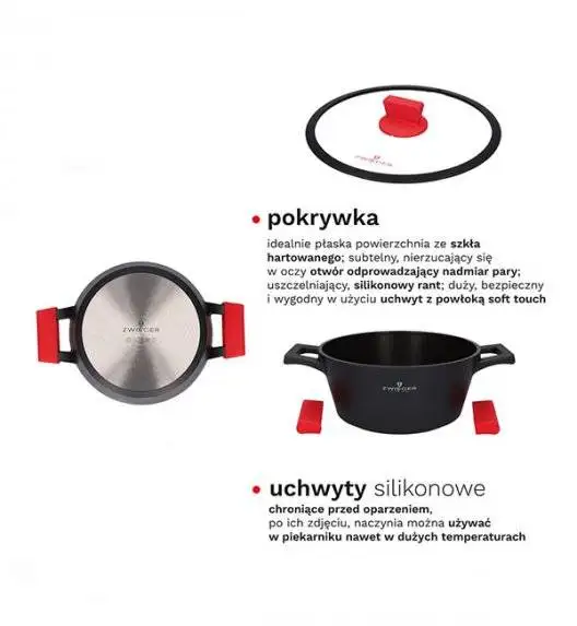 ZWIEGER OBSIDIAN Komplet Garnki 6 el z pokrywkami 5,5l/ 3,5l/ 2l +rondel / GREBLON C3+
