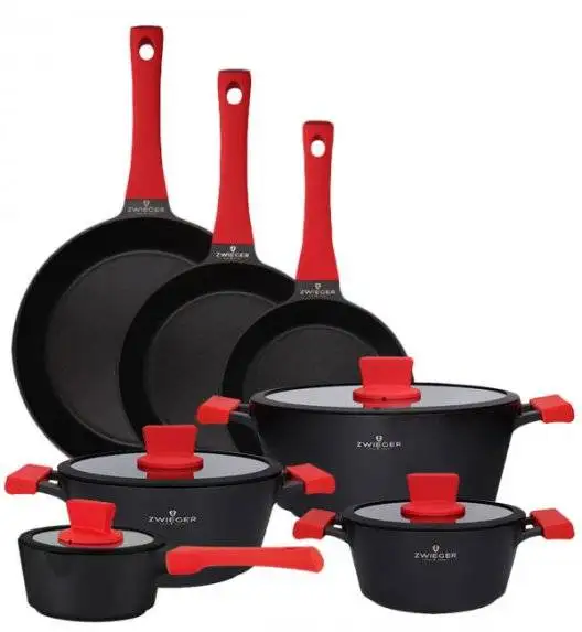 ZWIEGER OBSIDIAN Komplet Garnki 6 el z pokrywkami 5,5l/ 3,5l/ 2l +rondel +patelnia 20, 24, 28 cm / GREBLON