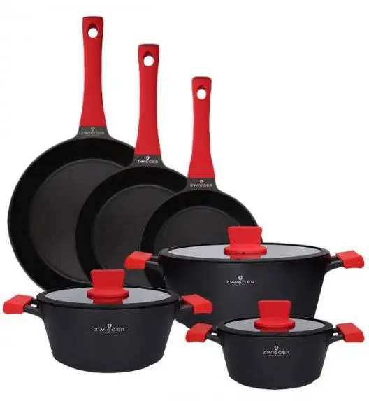 ZWIEGER OBSIDIAN Komplet Garnki 6 el z pokrywkami 5,5l/ 3,5l/ 2l +patelnia 20, 24, 28 cm / GREBLON