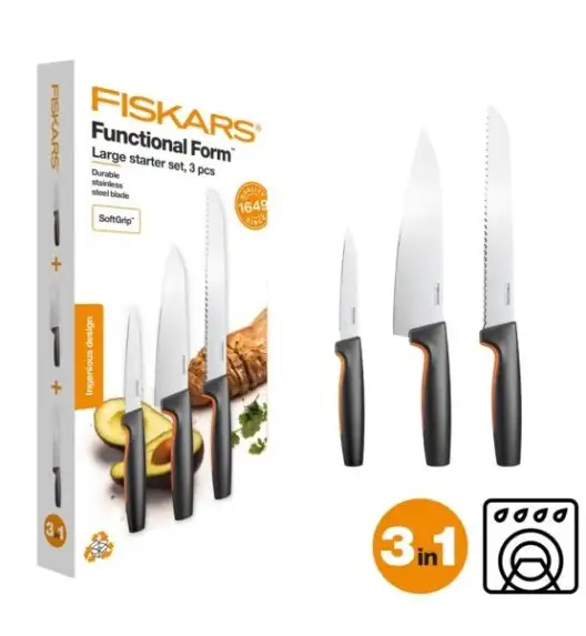 FISKARS FUNCTIONAL FORM 1057559 Komplet 3 noży kuchennych STARTER SET w pudełku / stal nierdzewna