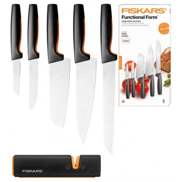 FISKARS FUNCTIONAL FORM 1057558 Komplet 5 noży kuchennych STARTER SET w pudełku + ostrzałka Fiskars Edge