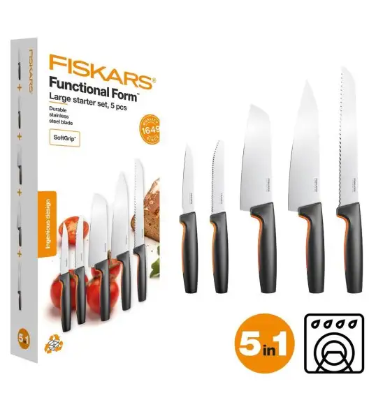 FISKARS FUNCTIONAL FORM 1057558 Komplet 5 noży kuchennych STARTER SET w pudełku + ostrzałka Fiskars Edge
