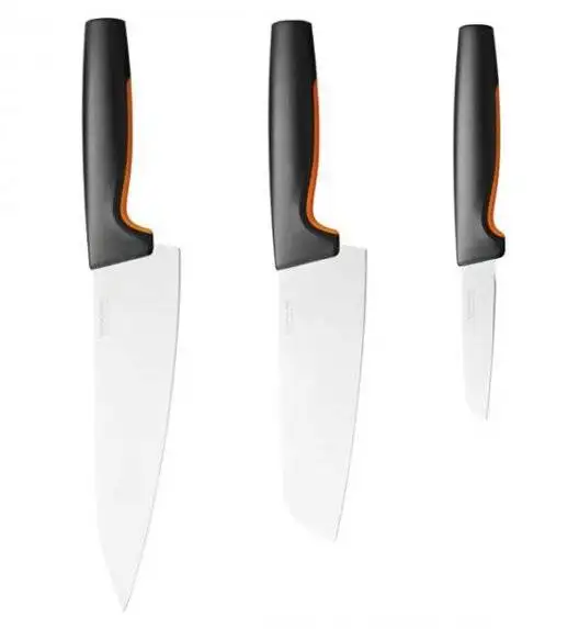 FISKARS FUNCTIONAL FORM 1057553 Komplet 3 noży w bloku bambusowym + ostrzałka Fiskars Essential