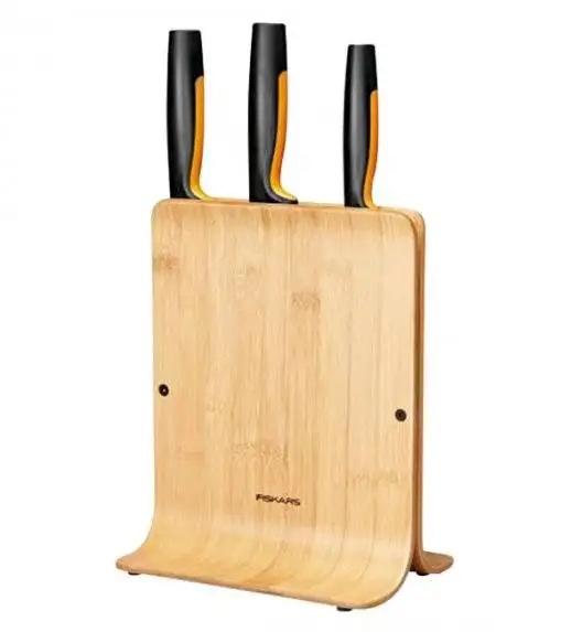 FISKARS FUNCTIONAL FORM 1057553 Komplet 3 noży w bloku bambusowym + ostrzałka Fiskars Essential