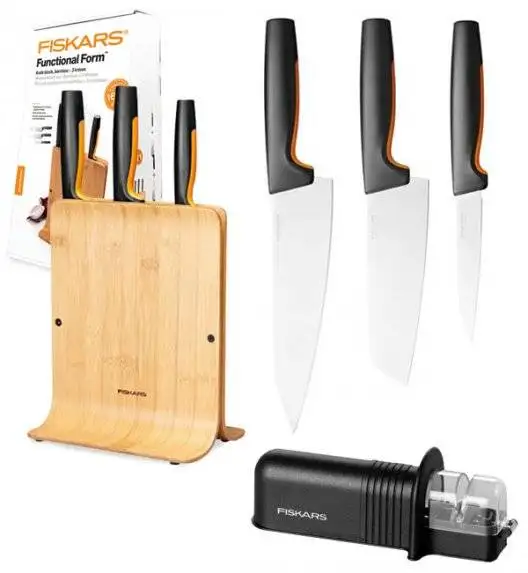 FISKARS FUNCTIONAL FORM 1057553 Komplet 3 noży w bloku bambusowym + ostrzałka Fiskars Essential