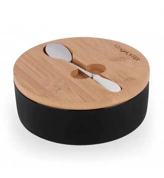 KONIGHOFFER Porcelanowa cukiernica z bambusową pokrywą + łyżeczka / czarna / 350 ml