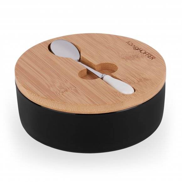 KONIGHOFFER Porcelanowa cukiernica z bambusową pokrywą + łyżeczka / czarna / 350 ml
