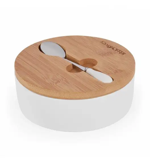 KONIGHOFFER Porcelanowa cukiernica z bambusową pokrywą + łyżeczka / biała / 350 ml