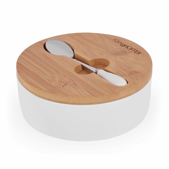 KONIGHOFFER Porcelanowa cukiernica z bambusową pokrywą + łyżeczka / biała / 350 ml