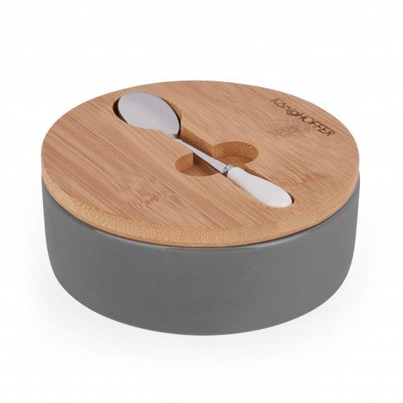 KONIGHOFFER Porcelanowa cukiernica z bambusową pokrywą + łyżeczka / szara / 350 ml