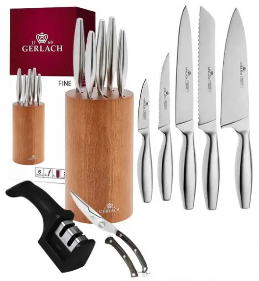 GERLACH FINE Komplet 5 noży w bloku + ostrzałka 2w1 + nożyce drewniane do drobiu