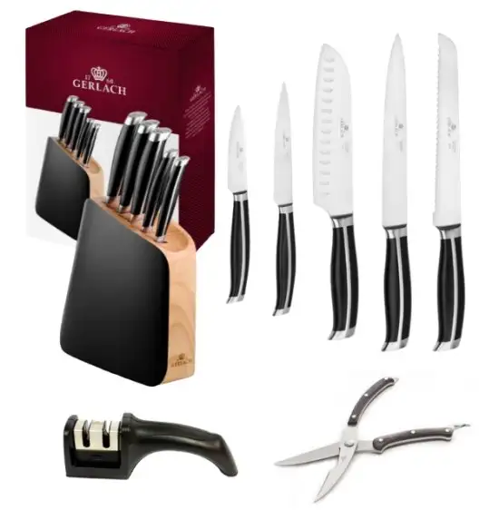 GERLACH LOFT Komplet 5 noży w bloku + ostrzałka 2w1 + nożyce drewniane do drobiu