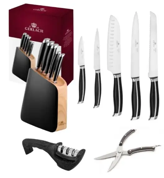 GERLACH LOFT Komplet 5 noży w bloku + ostrzałka 3w1 Granitex +nożyce drewniane do drobiu 