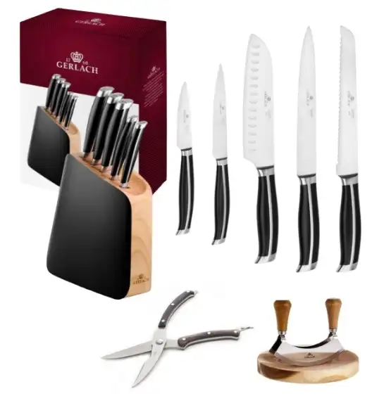 GERLACH LOFT Komplet 5 noży w bloku + Gerlach Natur Tasak do ziół z deską + nożyce drewniane do drobiu 