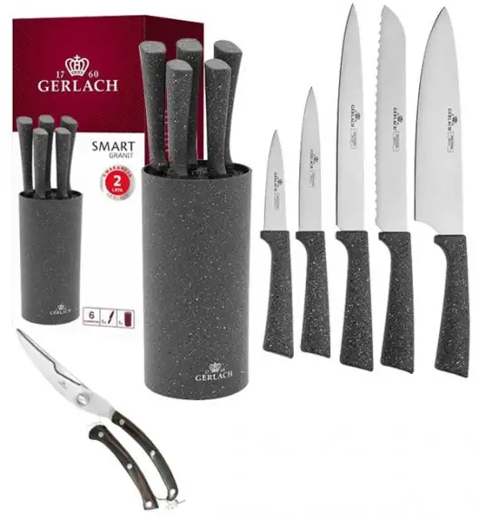 GERLACH SMART GRANIT Komplet 5 noży w bloku + nożyce drewniane do drobiu