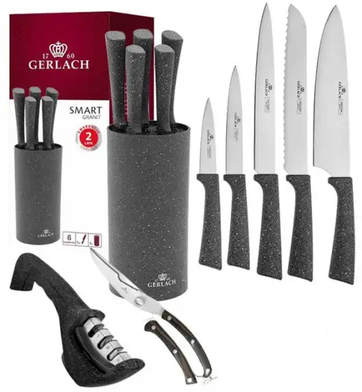 GERLACH SMART GRANIT Komplet 5 noży w bloku + ostrzałka 3w1 + nożyce drewniane do drobiu 