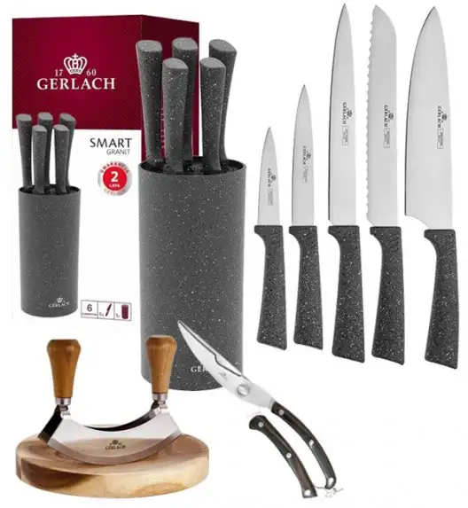 GERLACH SMART GRANIT Komplet 5 noży w bloku + Tasak do ziół z deską +nożyce drewniane do drobiu 