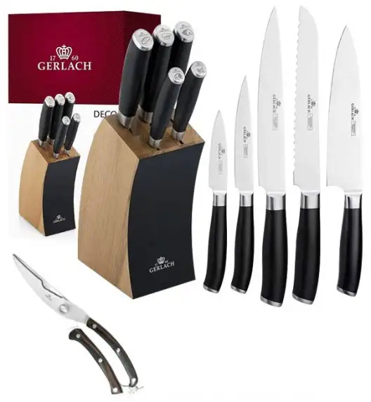 ​GERLACH DECO BLACK Komplet 5 noży w bloku + nożyce drewniane do drobiu