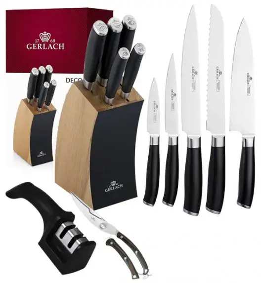 ​GERLACH DECO BLACK Komplet 5 noży w bloku + ostrzałka 2w1 + nożyce drewniane do drobiu