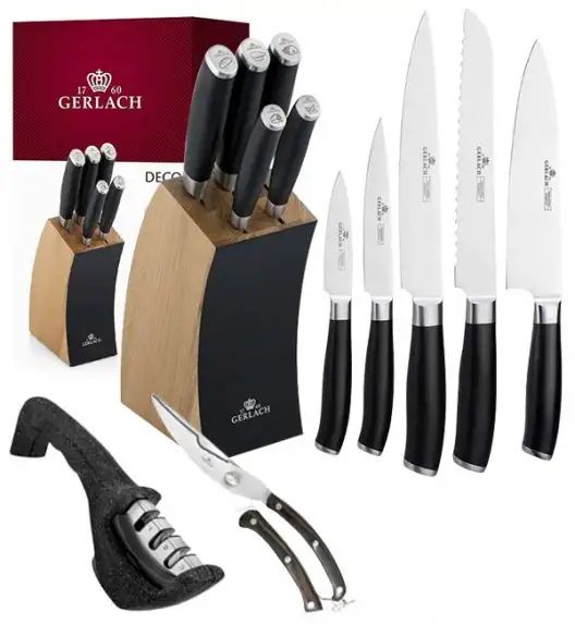 ​GERLACH DECO BLACK Komplet 5 noży w bloku + ostrzałka 3w1+ nożyce drewniane do drobiu 