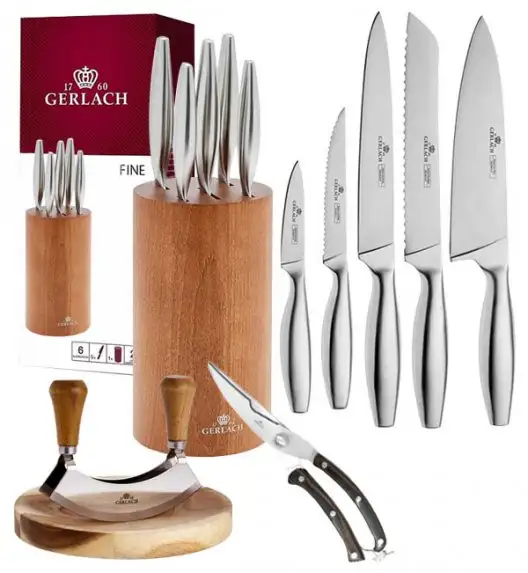 GERLACH FINE Komplet 5 noży w bloku + Natur Tasak do ziół z deską + Nożyce drewniane do drobiu