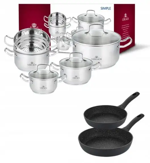 GERLACH SIMPLE Komplet Garnki z pokrywkami 9 el + patelnie Granitex 24, 28 cm 