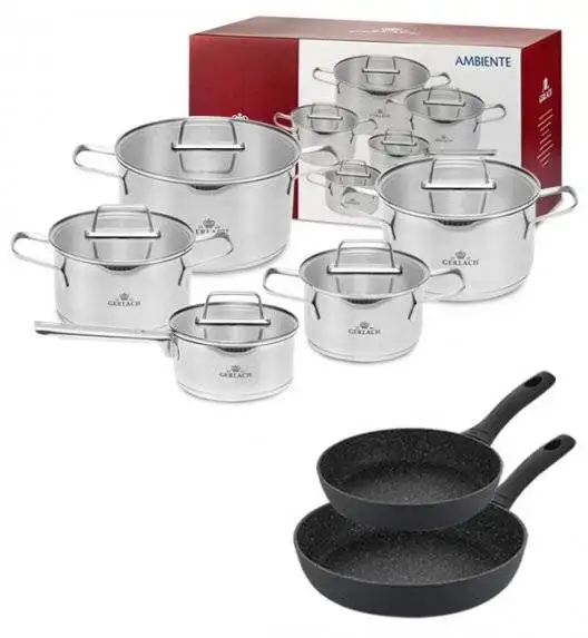 GERLACH AMBIENTE Komplet Garnki z pokrywkami 10 el + Patelnie Granitex 24, 28 cm / stal nierdzewna / indukcja