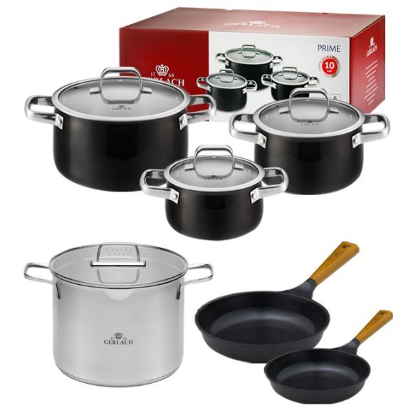 GERLACH PRIME Komplet Garnki z pokrywkami 6 el + patelnie Gerlach Natur 24, 28 cm+ Gerlach Ambiente Garnek 7 l 