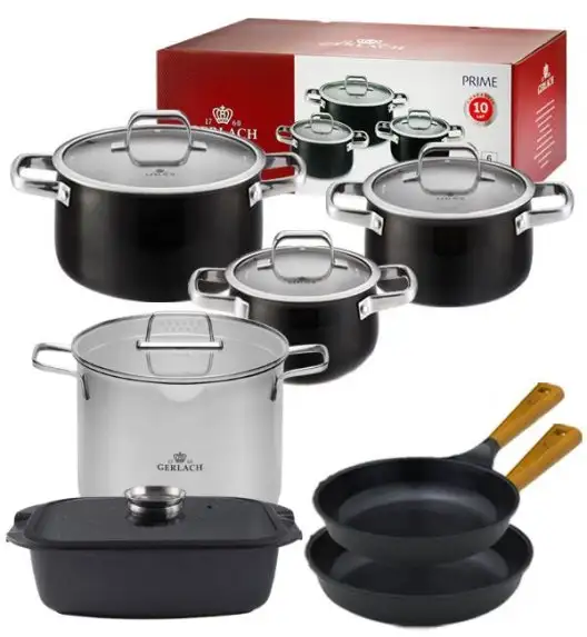 GERLACH PRIME Komplet Garnki z pokrywkami 6 el + patelnie Gerlach Natur 24, 28 cm+ Garnek Ambiente 7 L + Granitex Brytfanna 32 cm