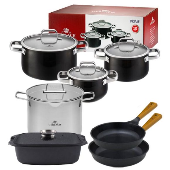 GERLACH PRIME Komplet Garnki z pokrywkami 6 el + patelnie Gerlach Natur 24, 28 cm+ Garnek Ambiente 7 L + Granitex Brytfanna 32 cm