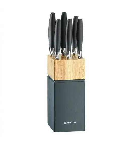 AMBITION SILVERY Zestaw noży w drewnianym bloku / 7 elementów / szary