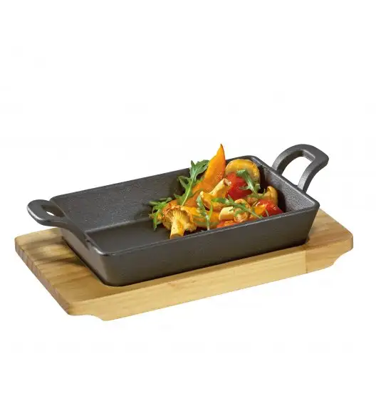 KUCHENPROFI Żeliwna mini brytfanna z drewnianą podstawką do serwowania 21,5 x 12,5 x 6 cm