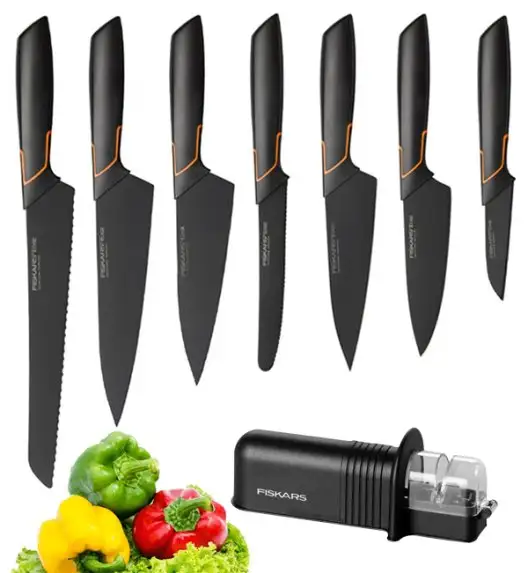 FISKARS EDGE Komplet 7 noży kuchennych + ostrzałka Essential / japońska stal nierdzewna 