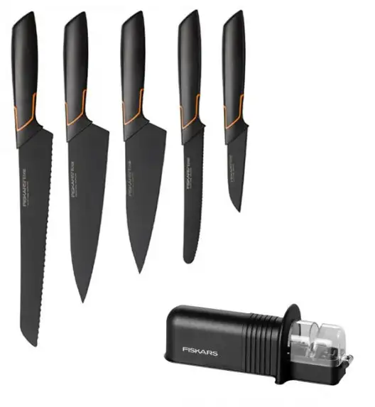 FISKARS EDGE Komplet 5 noży kuchennych + ostrzałka Essential / japońska stal nierdzewna 