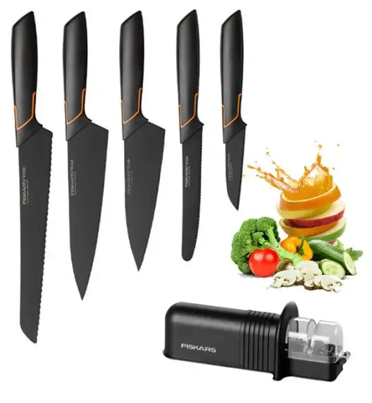 FISKARS EDGE Komplet 5 noży kuchennych + ostrzałka Essential / japońska stal nierdzewna 
