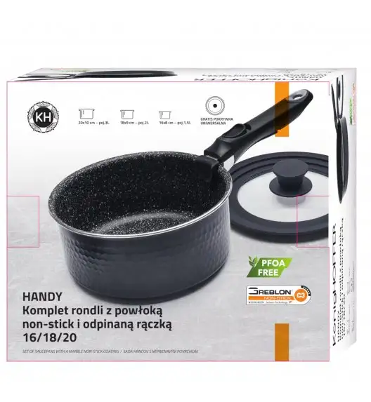 KONIGHOFFER HANDY Zestaw garnków 16, 18, 20 cm z odpinaną rączką + pokrywka uniwersalna / Powłoka Granitowa Greblon C3
