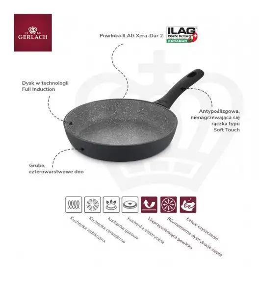 GERLACH GRANITEX GREY Patelnia z powłoką ceramiczną ILAG Xera Dur 2® 24 cm + pokrywka PSU / aluminium