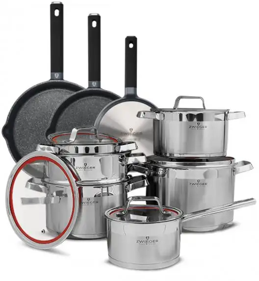ZWIEGER KLASSIKER Komplet garnków z pokrywkami 11 el + Patelnie VESNA  20, 24, 28 cm 