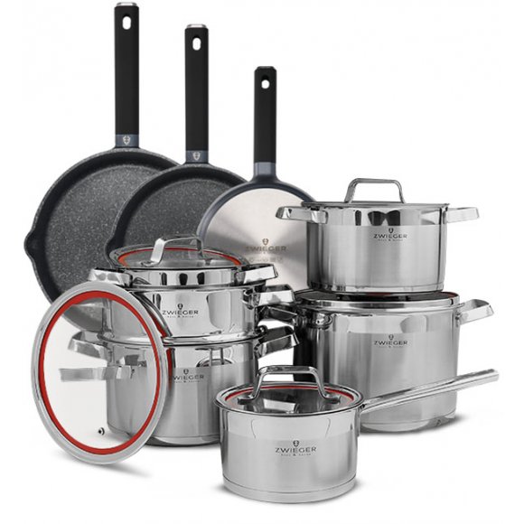 ZWIEGER KLASSIKER Komplet garnków z pokrywkami 11 el + Patelnie VESNA  20, 24, 28 cm 