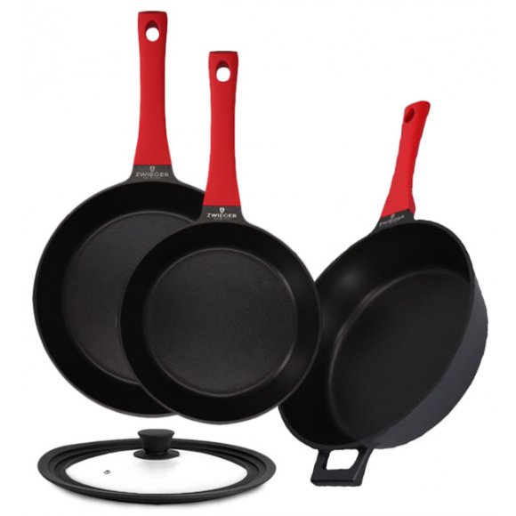 ZWIEGER OBSIDIAN Komplet patelni 24, 28 cm + patelnia głęboka 28 cm / powłoka GREBLON non- stick + Pokrywka Tadar