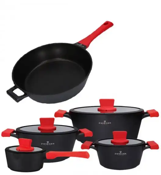 ZWIEGER OBSIDIAN Komplet Garnki 6 el z pokrywkami 5,5l/ 3,5l/ 2l +rondel +patelnia głęboka 28 cm / GREBLON C3+