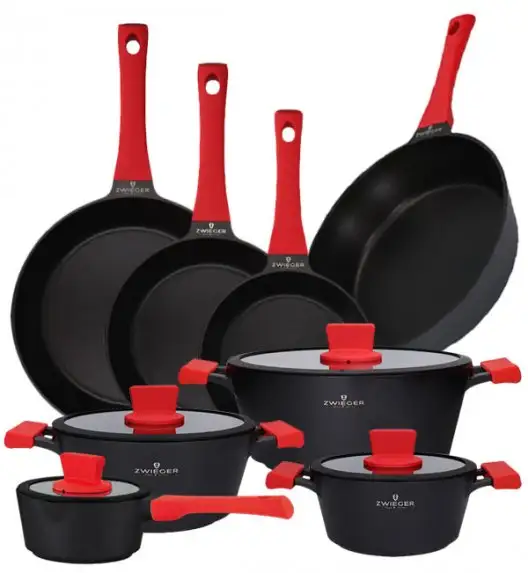 ZWIEGER OBSIDIAN Komplet Garnki 6 el z pokrywkami 5,5l/ 3,5l/ 2l +rondel + patelnie 20, 24, 28 cm + głęboka 28 cm / GREBLON 
