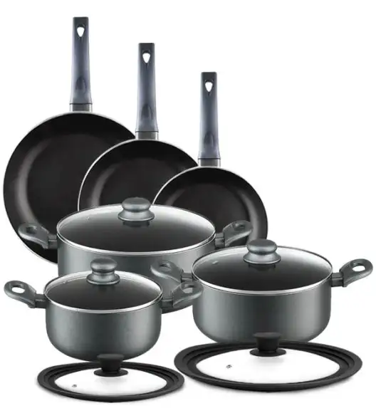 AMBITION GRAPHITE Komplet 3 garnków z pokrywkami + Zestaw Patelni 20, 24, 28 cm + Pokrywki Tadar