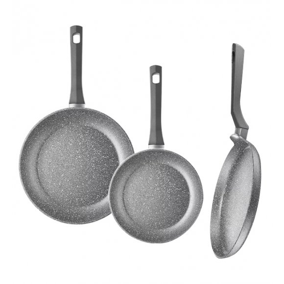AMBITION SILVERSTONE Komplet patelni 20, 28 cm + patelnia naleśnikowa / powłoka Qalum Basic Stone Edition