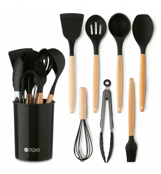 TADAR SILICO PEMI Zestaw przyborów kuchennych 7 el z bambusową rączką / czarny