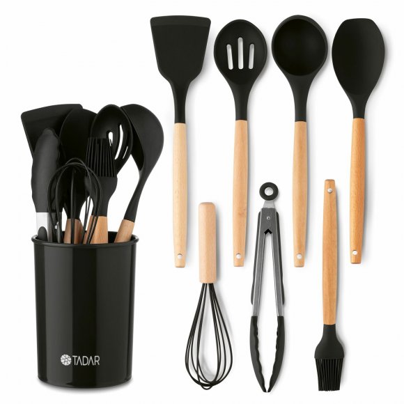 TADAR SILICO PEMI Zestaw przyborów kuchennych 7 el z bambusową rączką / czarny