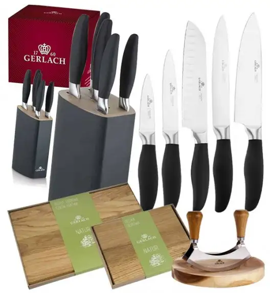 GERLACH STYLE PLUS Komplet 5 noży w bloku + Natur Tasak do ziół + deski Natur 